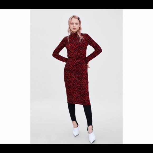 NWT Zara red animal print turtleneck dress - Midi - Picture 1 of 9